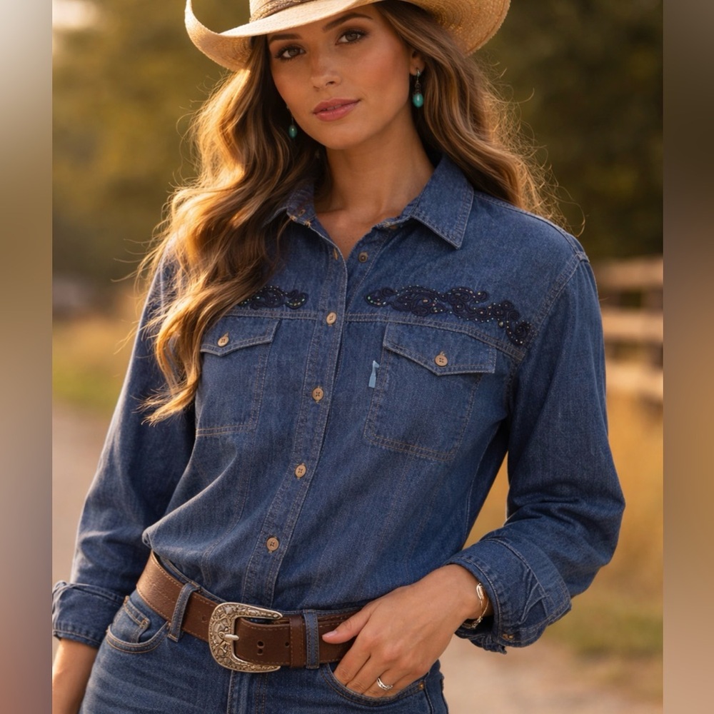 Blue Embellished Denim Western Button Down Cowgirl Shirt Women’s Size S
